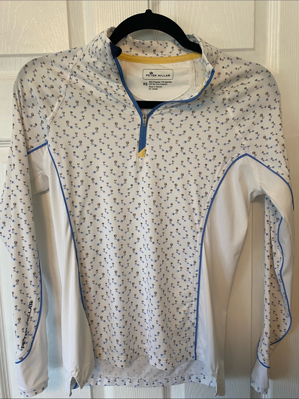Peter Millar White Floral 1/4 Zip Pullover with Blue Trim